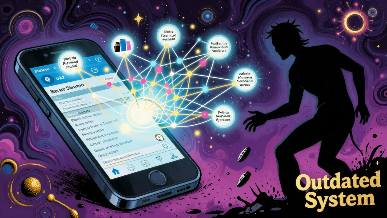 A smartphone projects a glowing network of synced allergy records while an outdated system crumbles below.