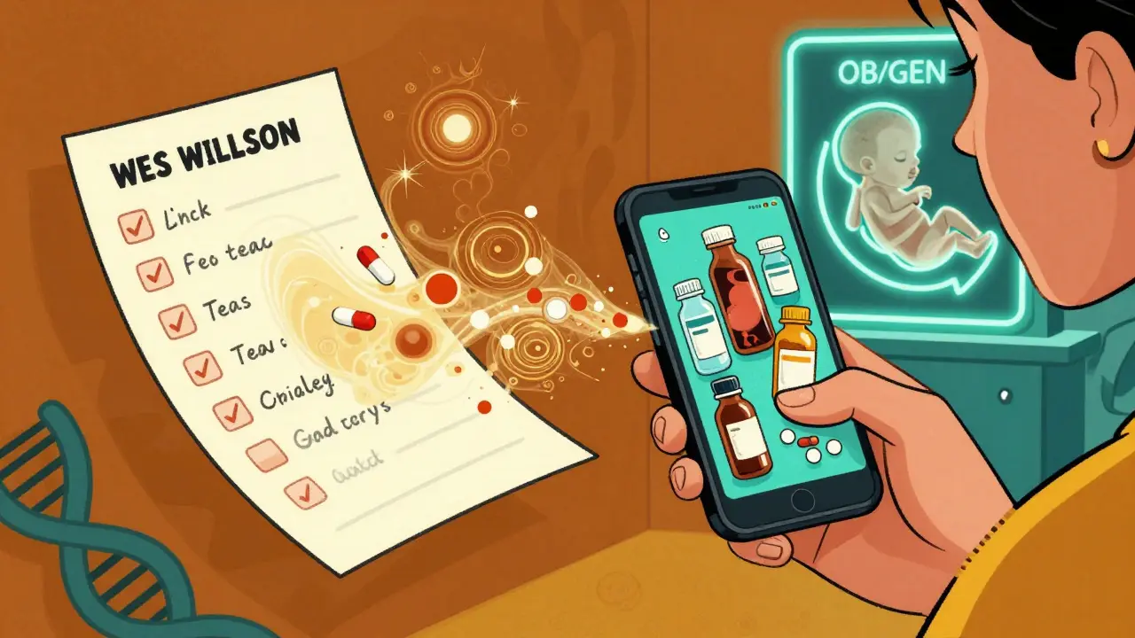 A woman shows photos of medicine bottles beside a surreal checklist of supplements in a glowing, fractal-patterned office.