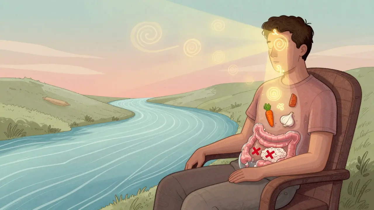 Calming hypnotherapy visualization showing a peaceful gut river with soothing light beams and excluded FODMAP foods in psychedelic illustration style.