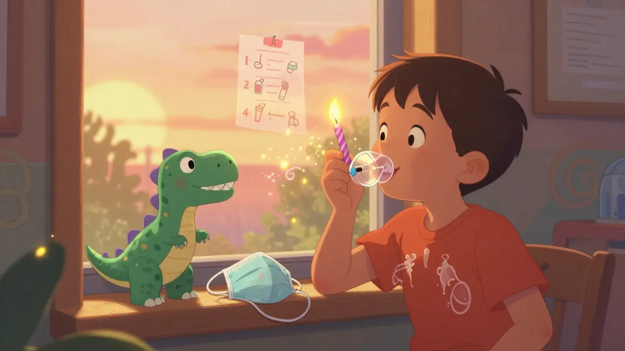 Child blowing candles through dinosaur spacer, medicine particles floating like fireflies