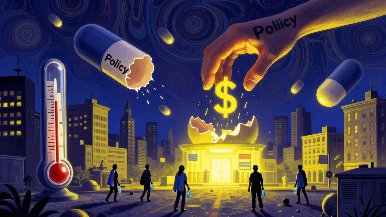 Cityscape with melting drug capsules and people carrying water toward safety