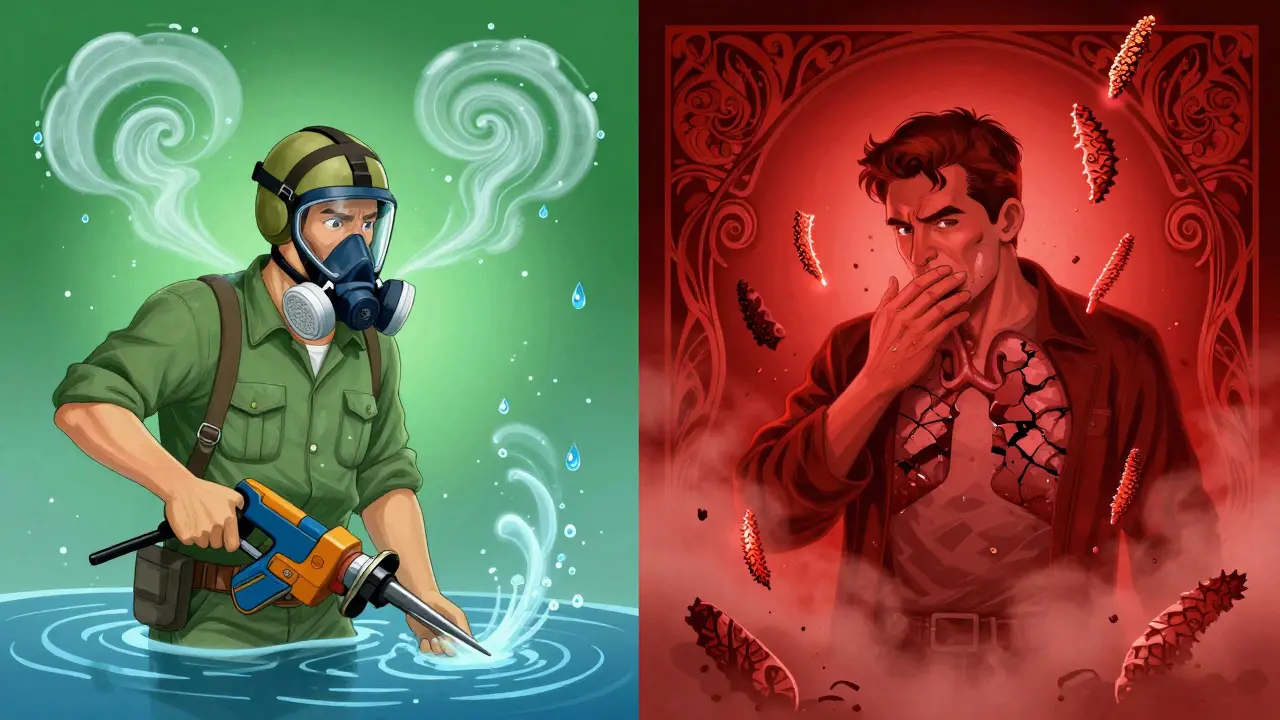 Contrast between safe wet-cutting method and dangerous silica exposure with glowing lung damage.