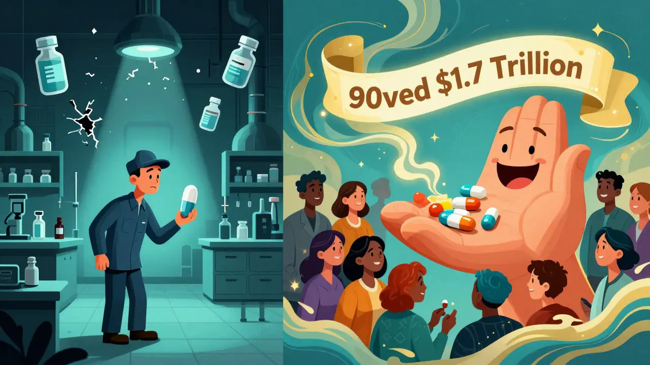 Contrast between struggling manufacturer and happy patients receiving affordable meds