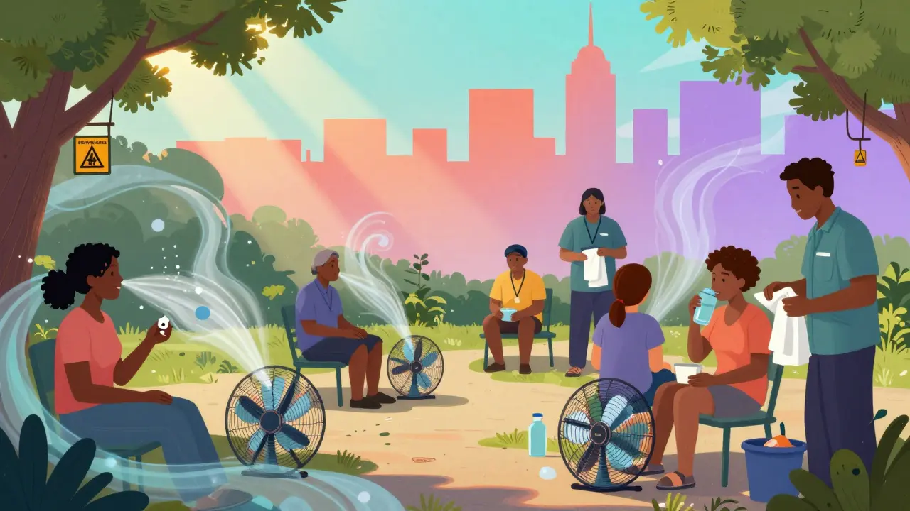 Diverse group resting in cooling center with outreach workers handing out supplies