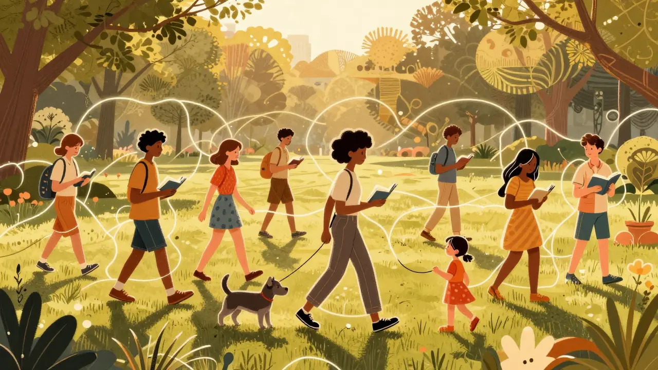 Diverse group walking and stretching in a park, connected by glowing neural threads under golden hour light.