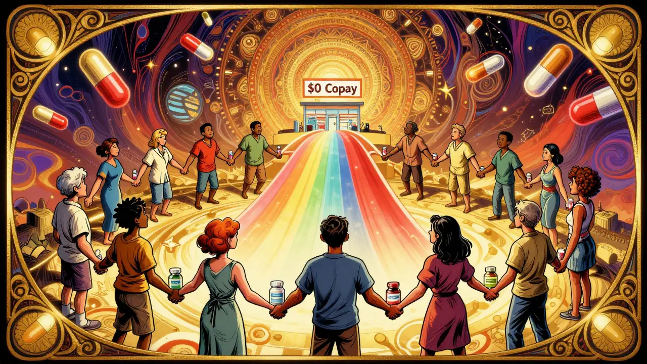 Diverse patients forming a chain leading to a rainbow bridge labeled '<h2>Real Stories: People Who Got Through</h2> Copay'