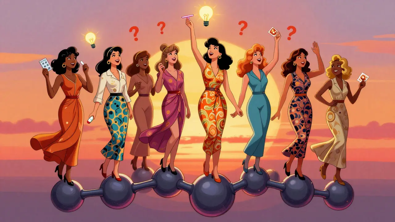 Diverse women stand on a serotonin molecule, holding various birth control methods, with glowing copper IUD and lightbulbs above.