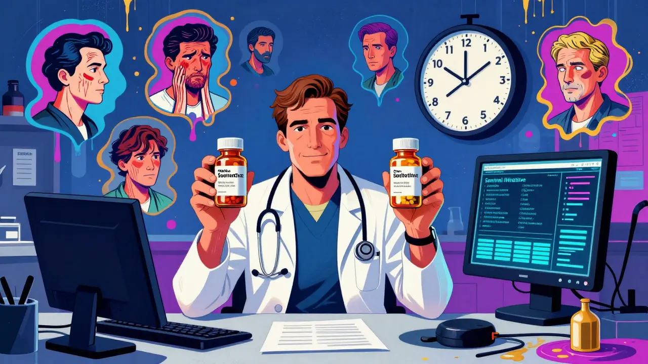 Doctor comparing generic pill bottles with floating patient symptoms in swirling psychedelic style.