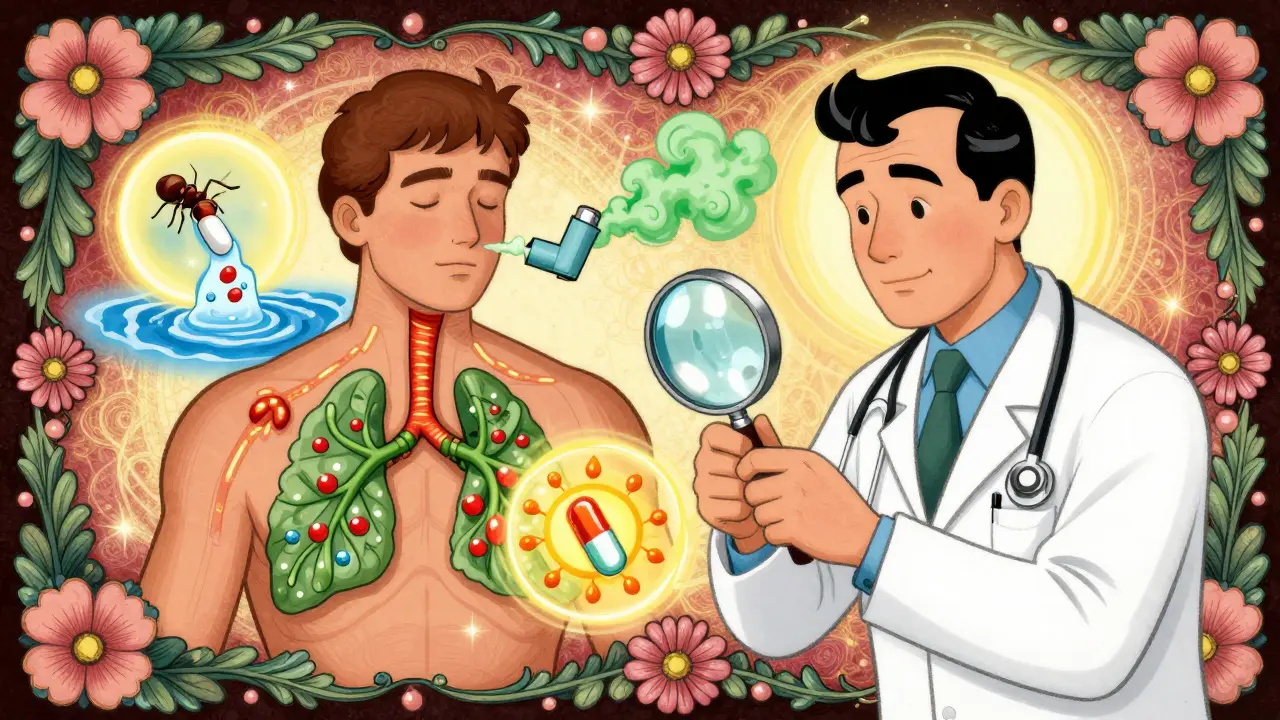 Doctor using a magnifying glass to reveal hidden pathways of UACS, asthma, and GERD inside a patient’s body.