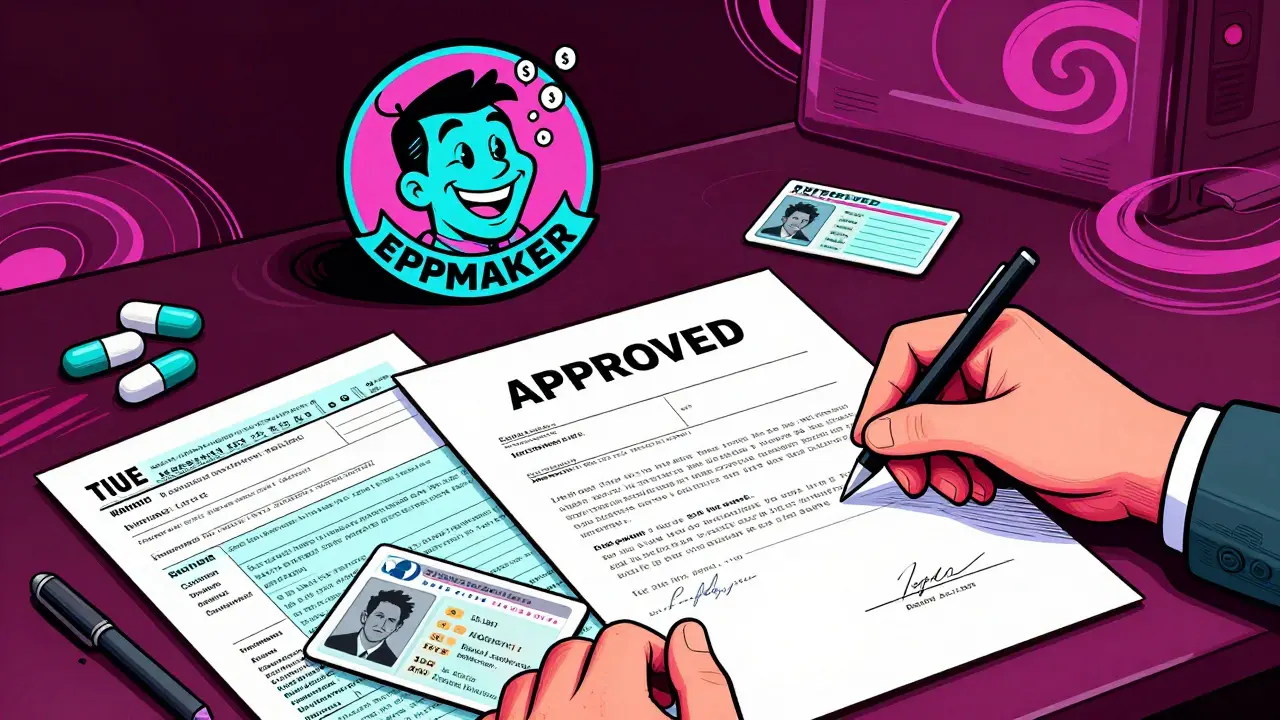 Documents on a desk being stamped approved, with a smiling drug company logo above