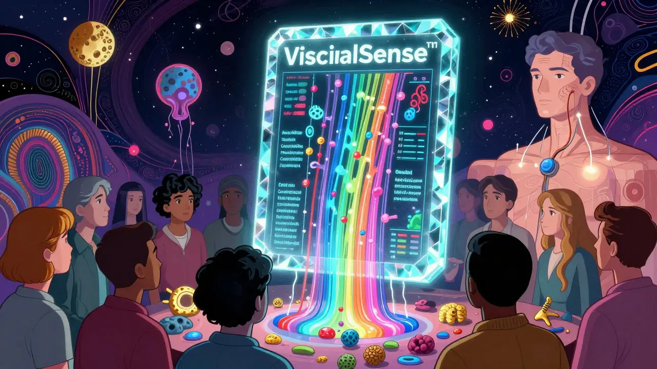 Futuristic biomarker panel with glowing data streams and vagus nerve stimulator in swirling psychedelic colors and organic patterns.