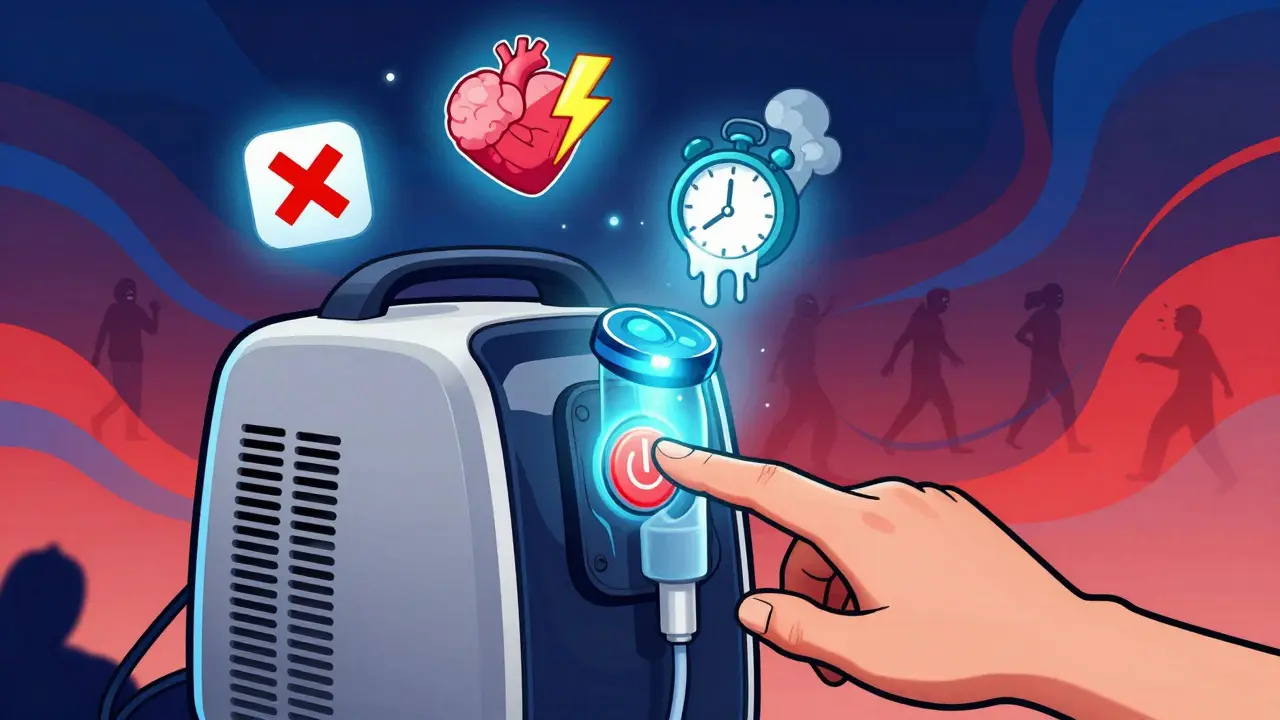 Glowing oxygen concentrator with floating medical symbols and swirling neon patterns.