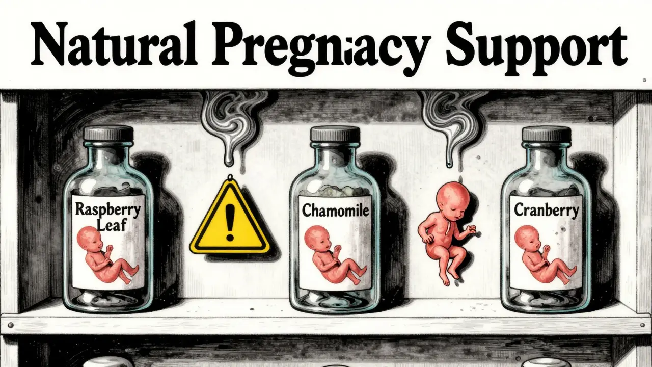 Herbal supplement bottles on a shelf leaking ominous shadows shaped like fetuses and warning signs.
