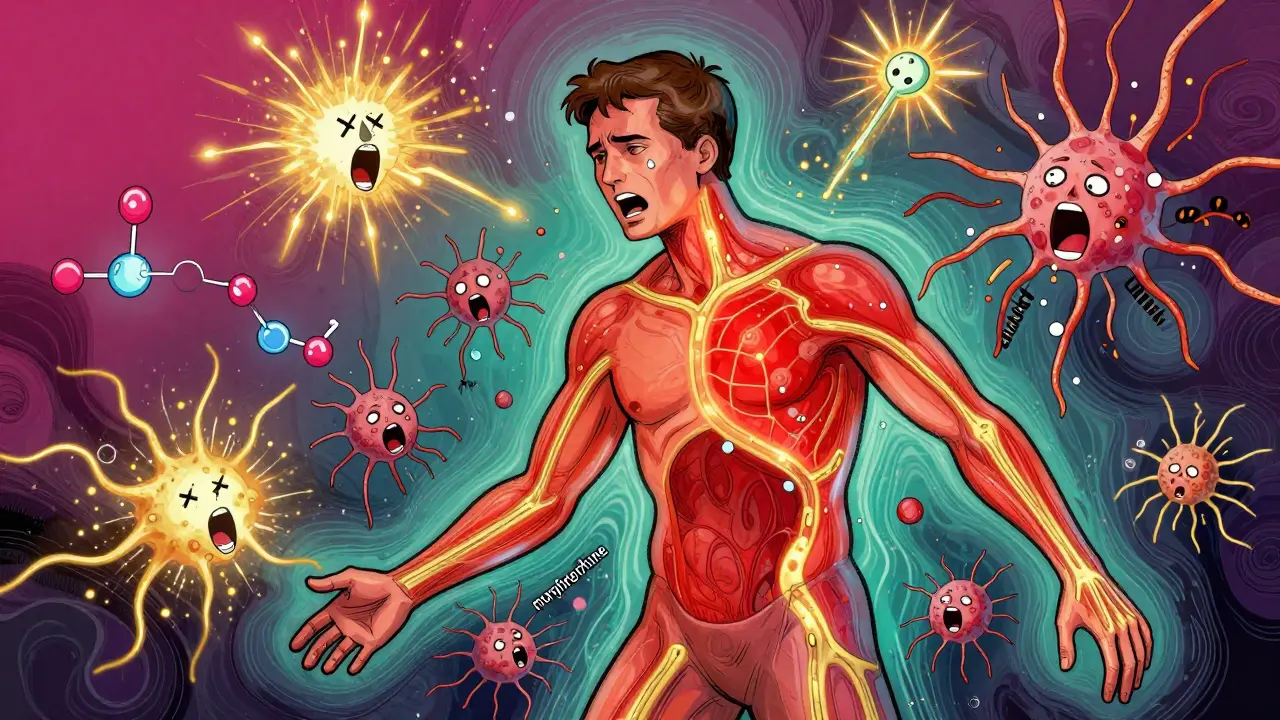 Human body covered in glowing pain zones, with screaming neurons and floating chemical symbols in vibrant colors.