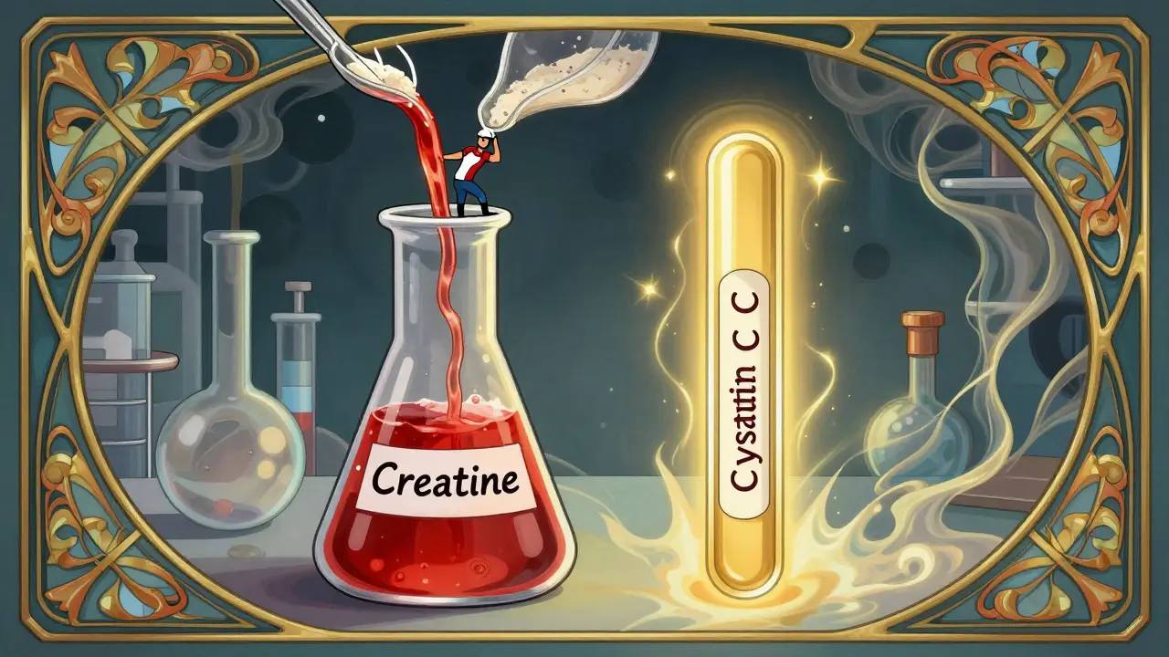 Lab beaker with rising creatinine next to calm cystatin C test, illustrated in swirling psychedelic style.