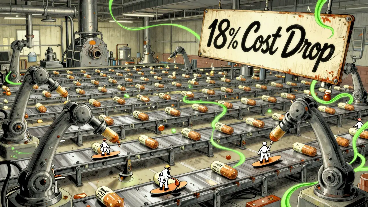 Mass production of generic pills in a surreal factory with floating cost indicators