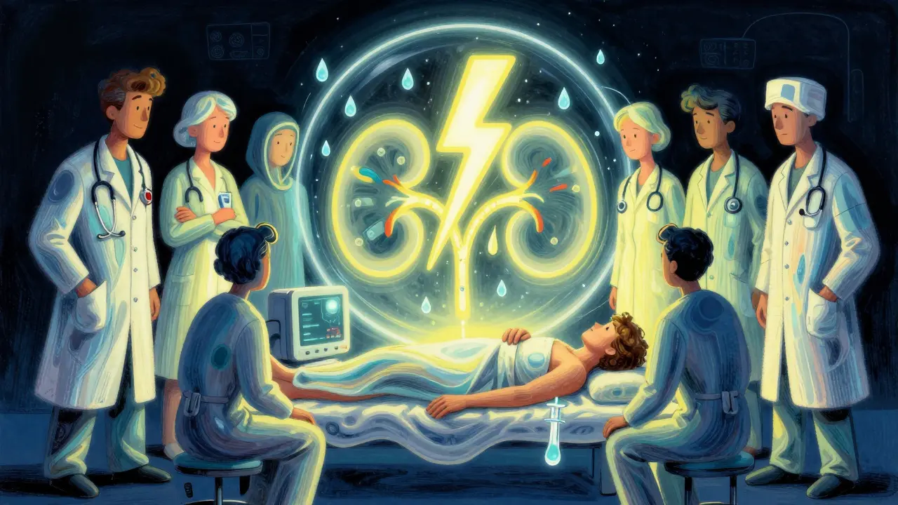 Medical team protecting a kidney with water halo amid rising creatinine spike