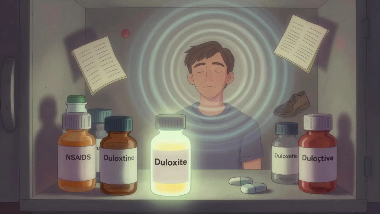 Medicine cabinet with glowing duloxetine bottle as person breathes calmly, surrounded by journal entries and a walking shoe.