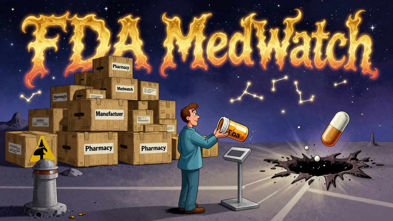 Patient at the end of a cosmic drug supply chain, fake pill falling into a black hole.