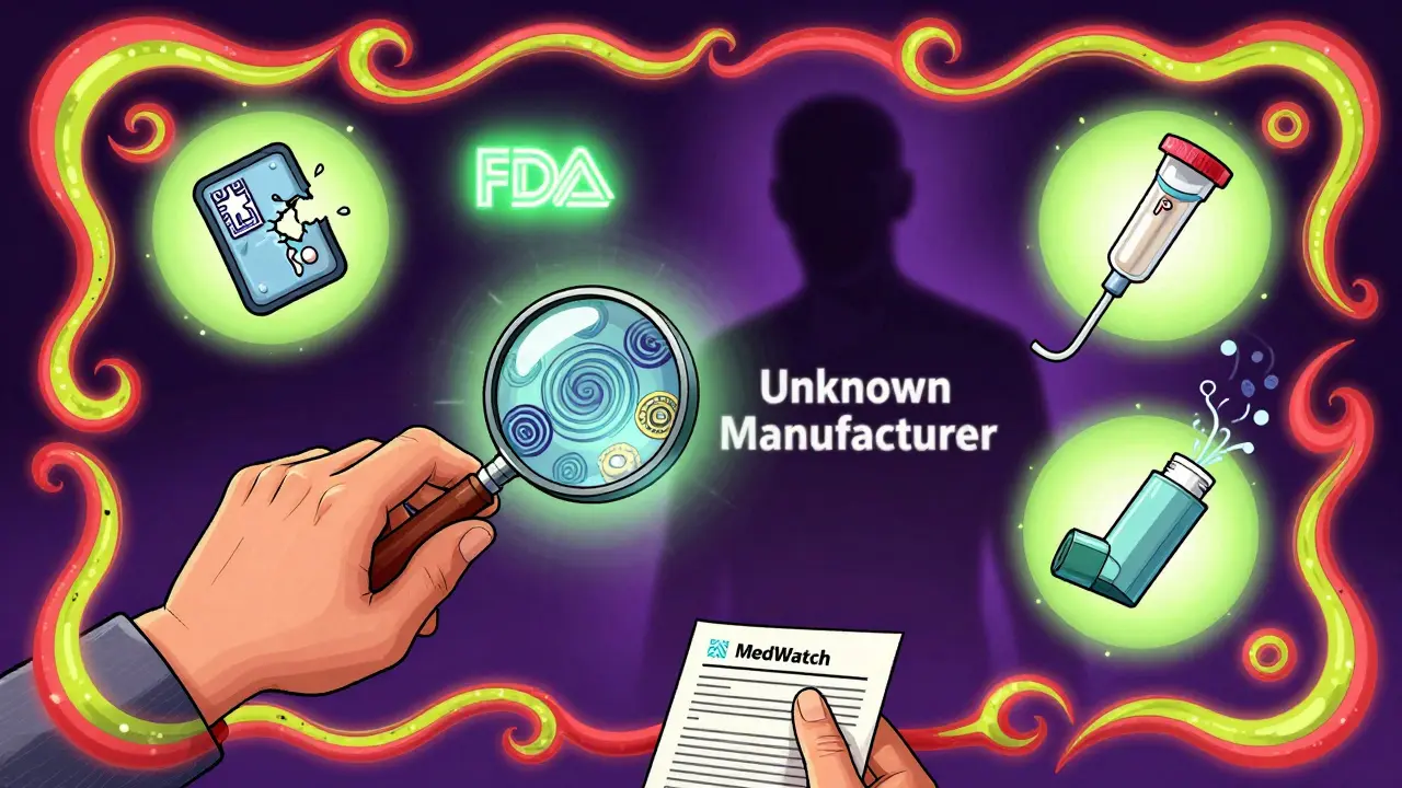 Patient examining pill bottle revealing hidden manufacturer logo amid medical risk icons.