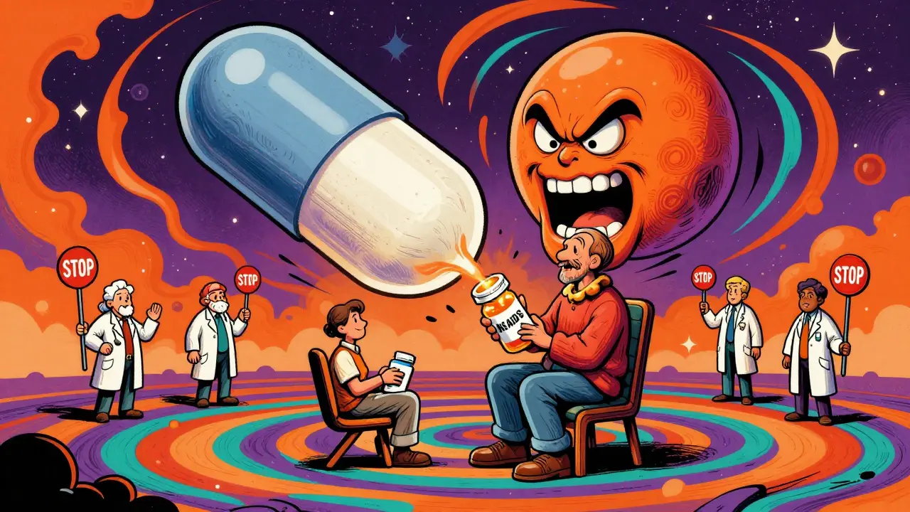 Patient threatened by giant NSAID pill with medical staff warning in background