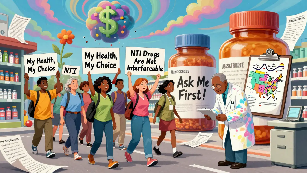 Patients marching through surreal pharmacy with giant pills and crumbling dollar signs, demanding control over medication.