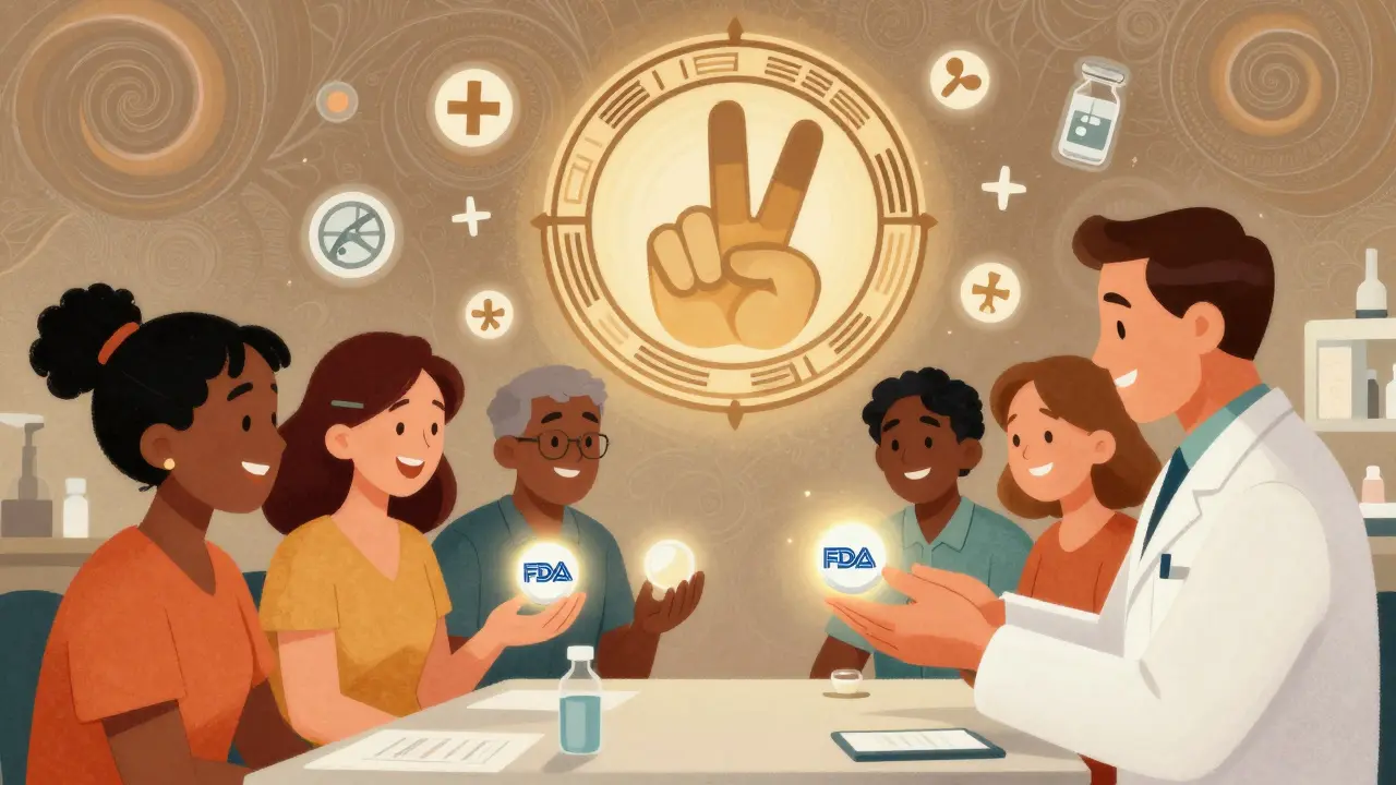 Patients receiving identical pills from a pharmacist, one branded, one plain, with a peace sign made of medical icons.