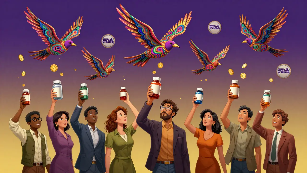 People holding medication bottles transforming into psychedelic birds flying upward into a colorful sky.