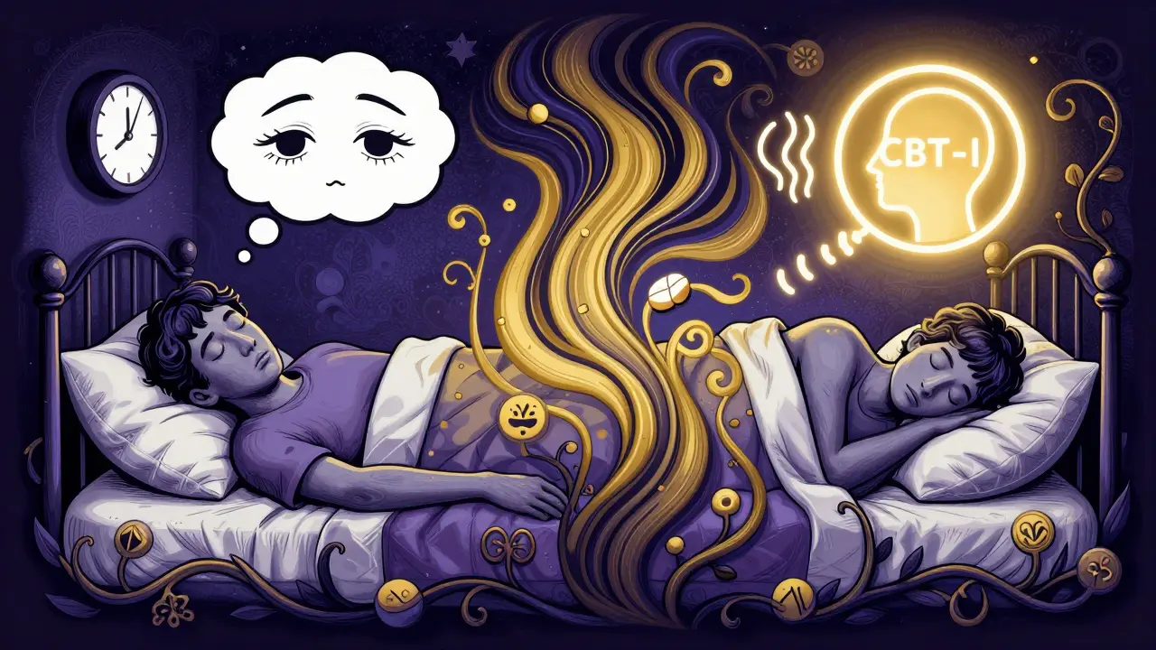 Person peacefully asleep with a glowing CBT-I therapy icon replacing sleep pills in a psychedelic night scene.
