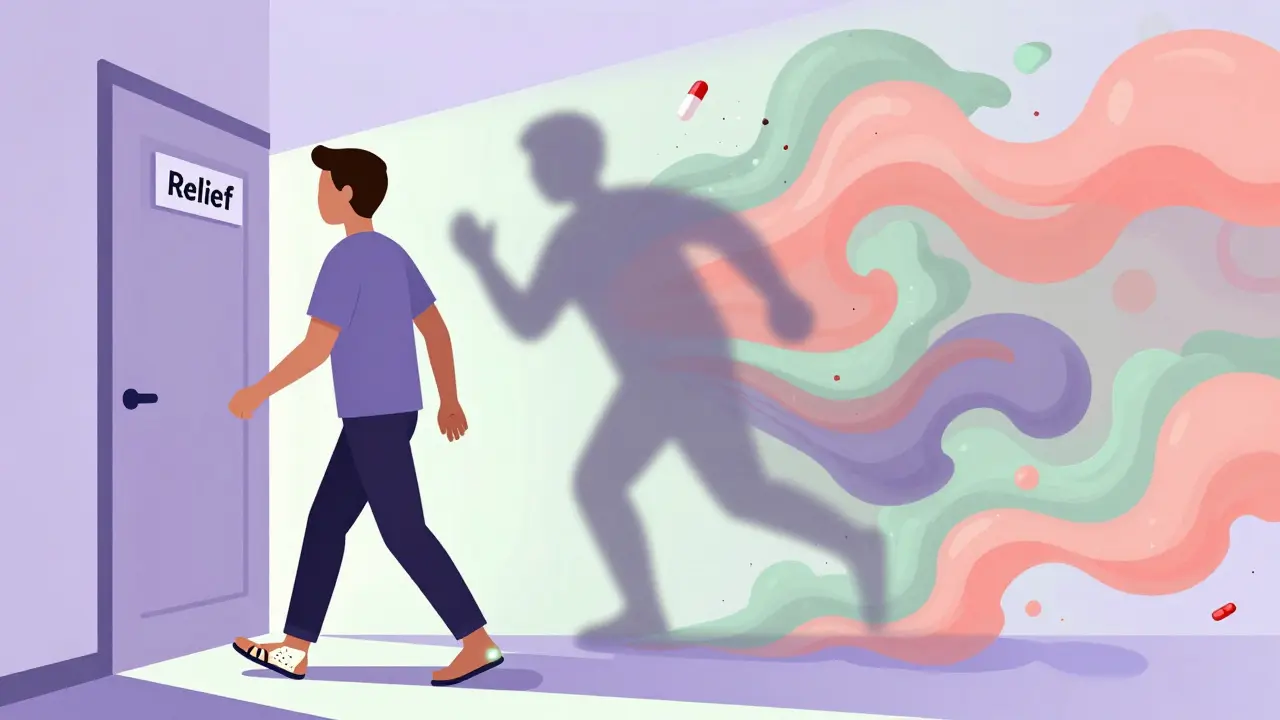 Person walking toward relief with therapeutic footwear as harmful causes fade behind