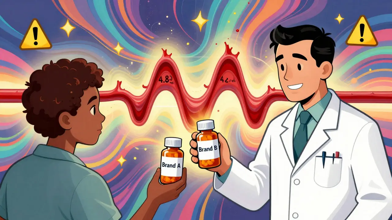 Pharmacist handing two pill bottles while blood levels rise and fall in abstract waves.
