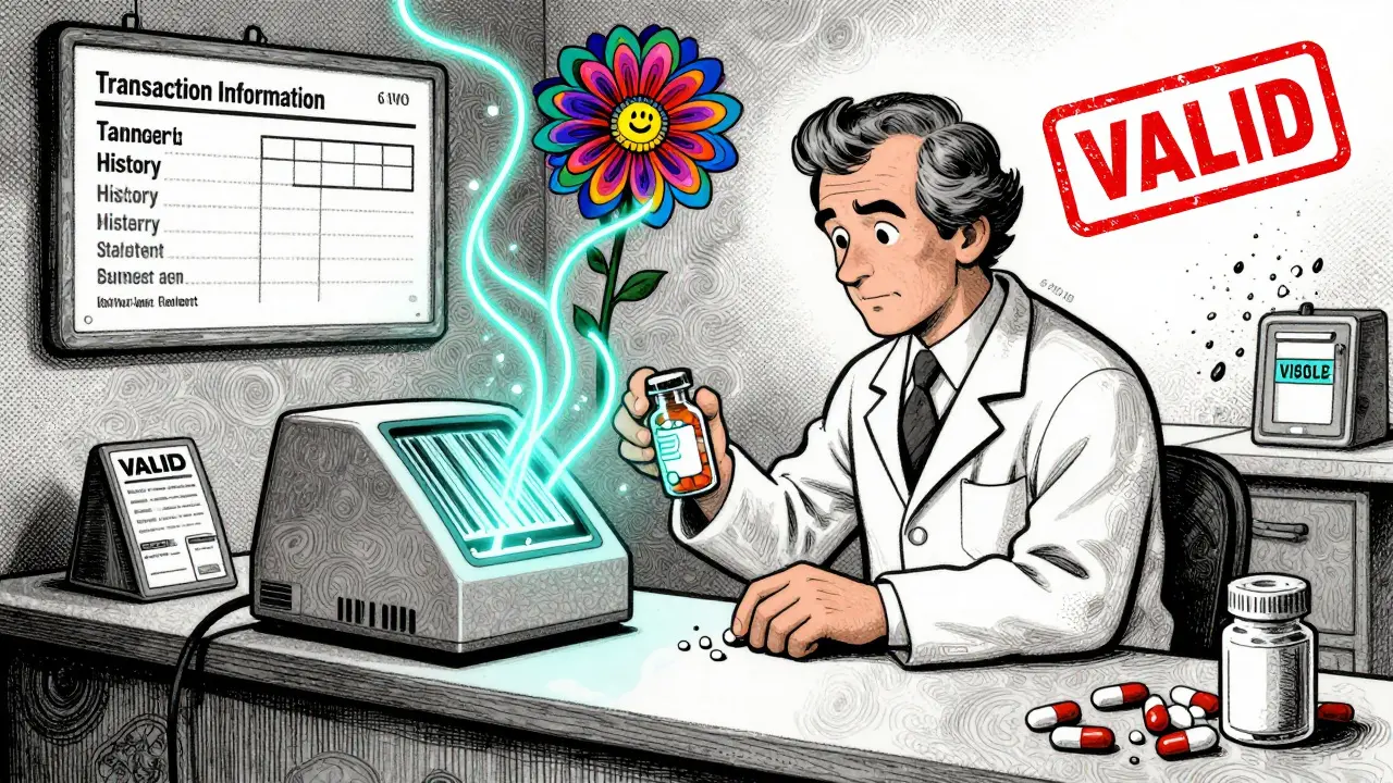 Pharmacist scanning a pill bottle with neon data streams and a glowing 'VALID' stamp.