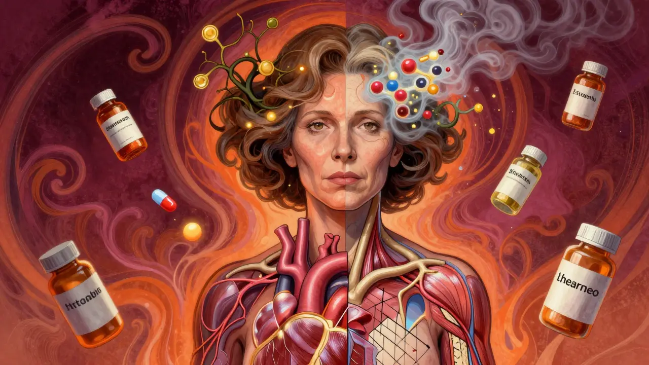 Post-menopausal woman with one healthy side and one showing muscle damage and rising insulin, hair fading into estrogen molecules.