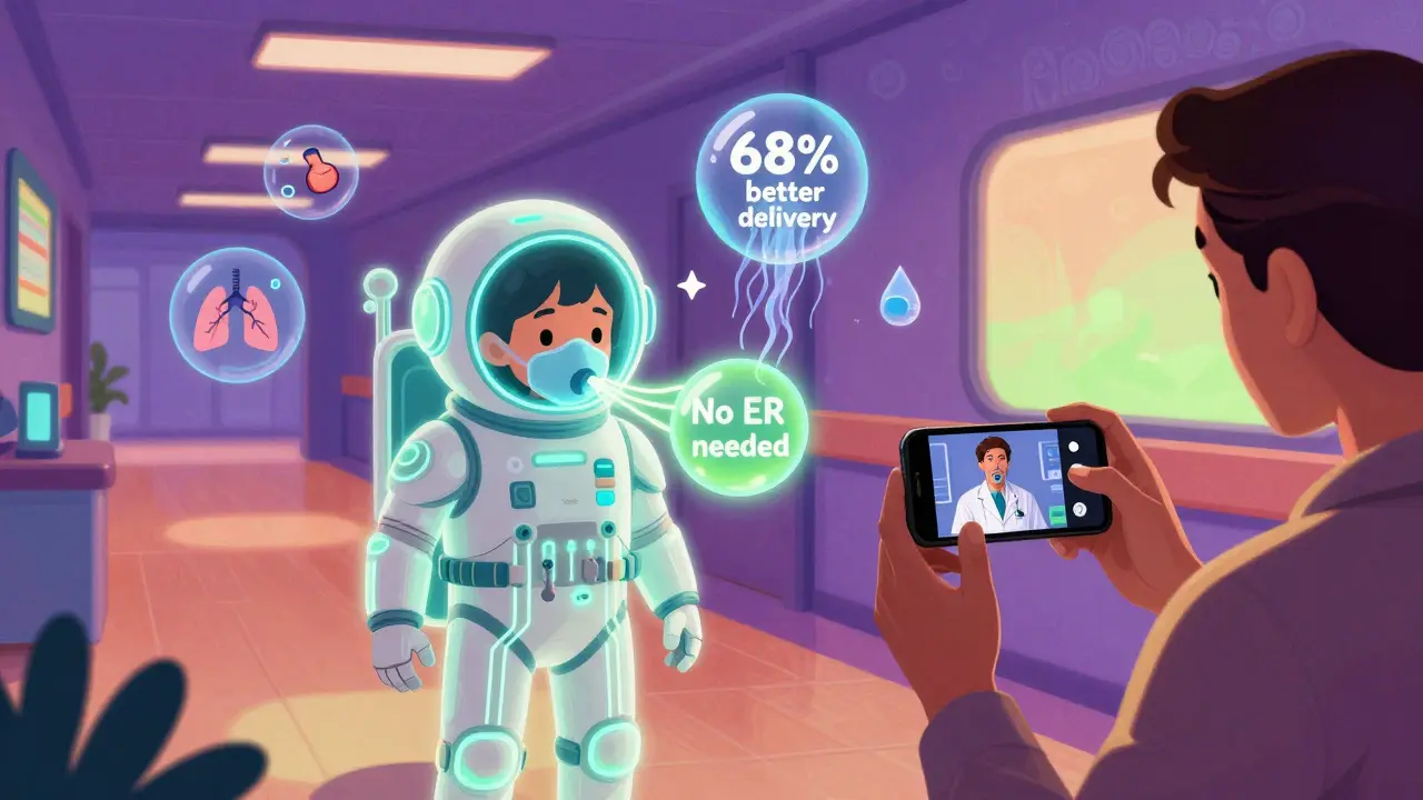 Smart spacer glows as child breathes, parent films video call with doctor in psychedelic room