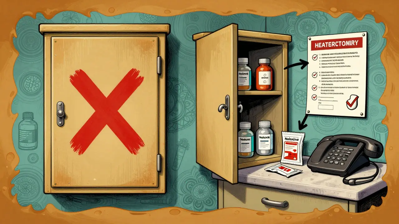 Split kitchen scene showing locked vs. accessible naloxone storage with glowing emergency plan on the wall.