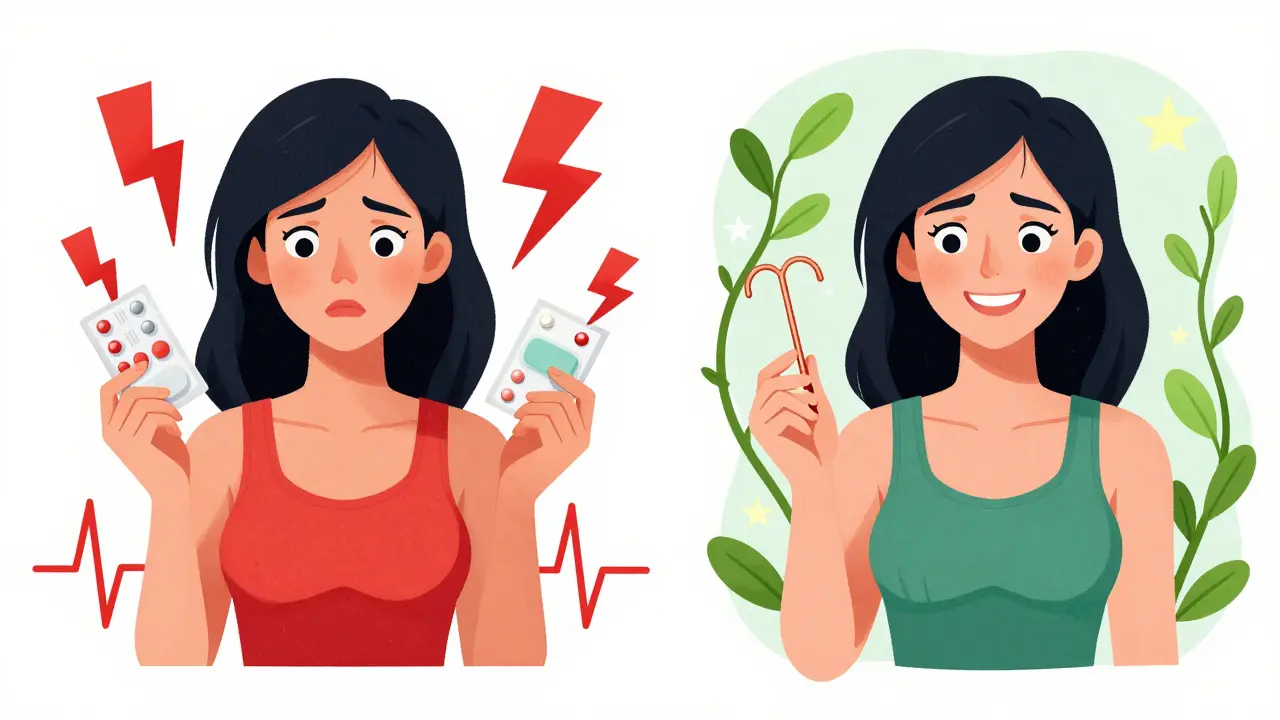 Split scene: one side shows danger with tricyclics and birth control, the other safety with bupropion and copper IUD.