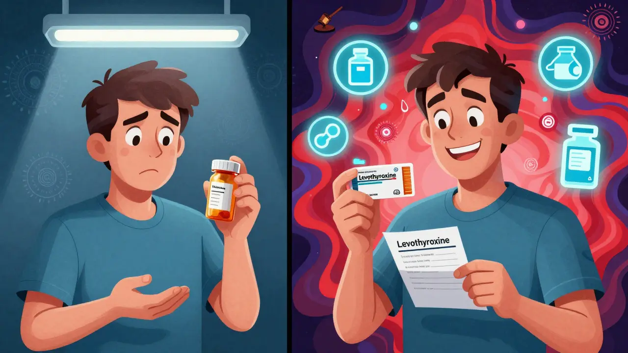 Split scene: patient receiving generic vs. brand-name drug, with medical icons and legal symbols in vibrant swirls.