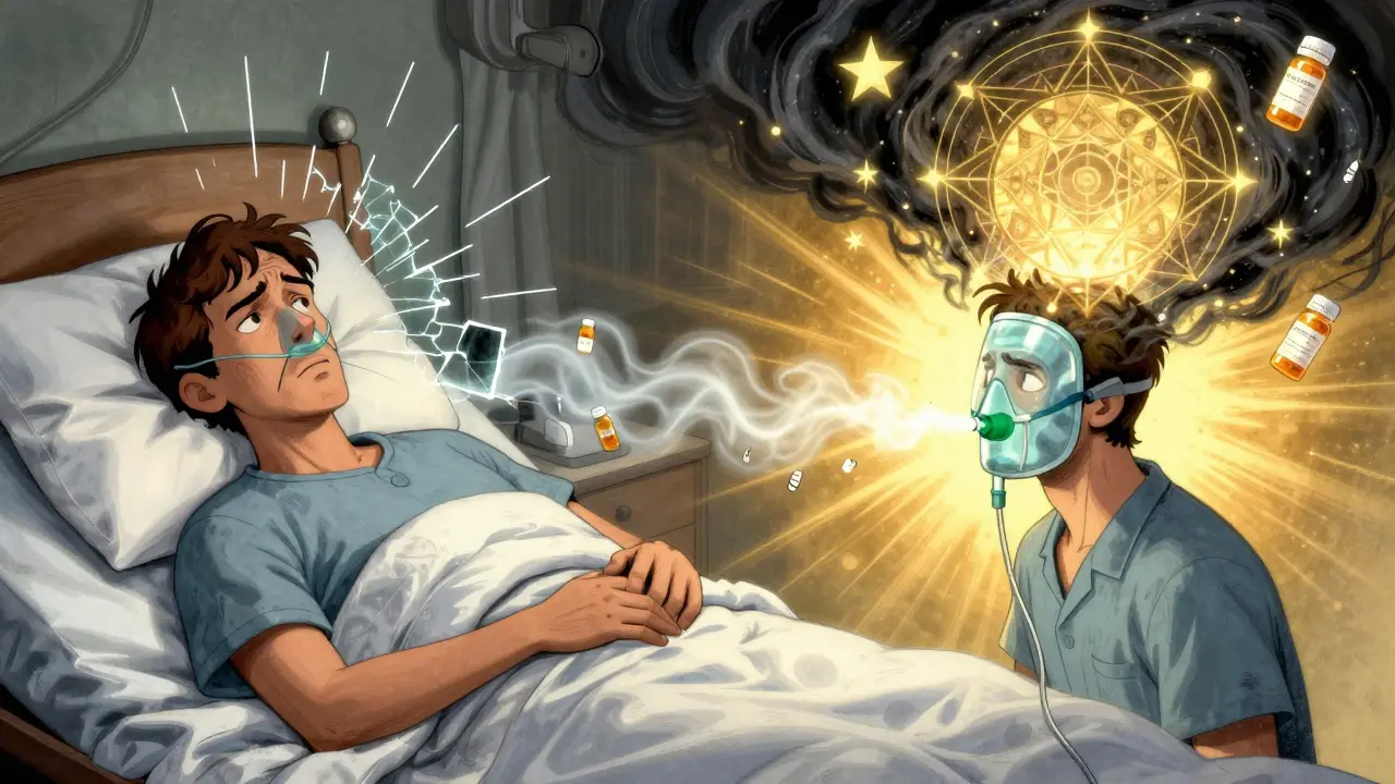 Split scene: patient with failed nasal cannula vs. successful oxygen therapy with light vortex.