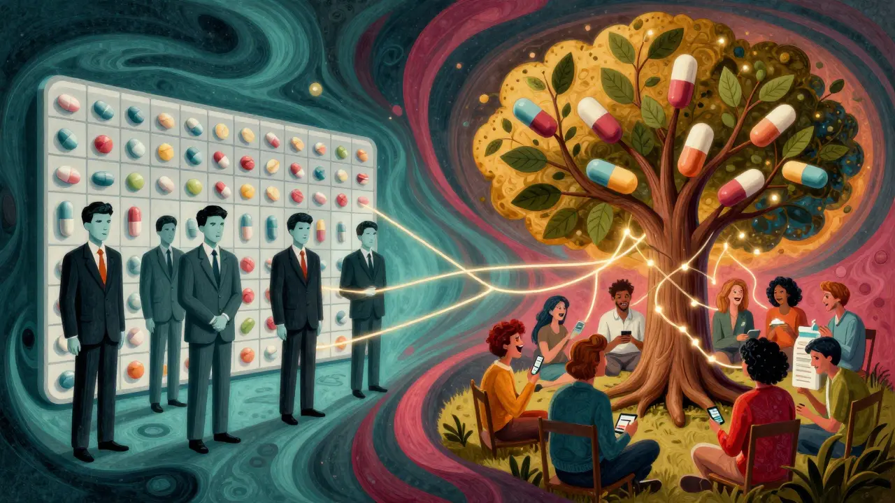 Split scene: rigid compliance on left, organic adherence on right, with glowing connections between people and pill-leaves.