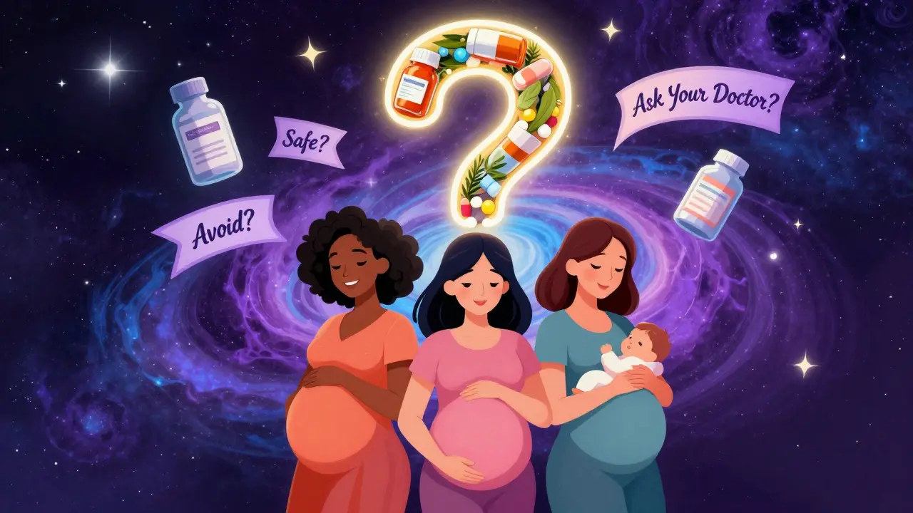 Three pregnant women stand under a giant question mark made of medication bottles and herbs, against a cosmic pharmacy backdrop.