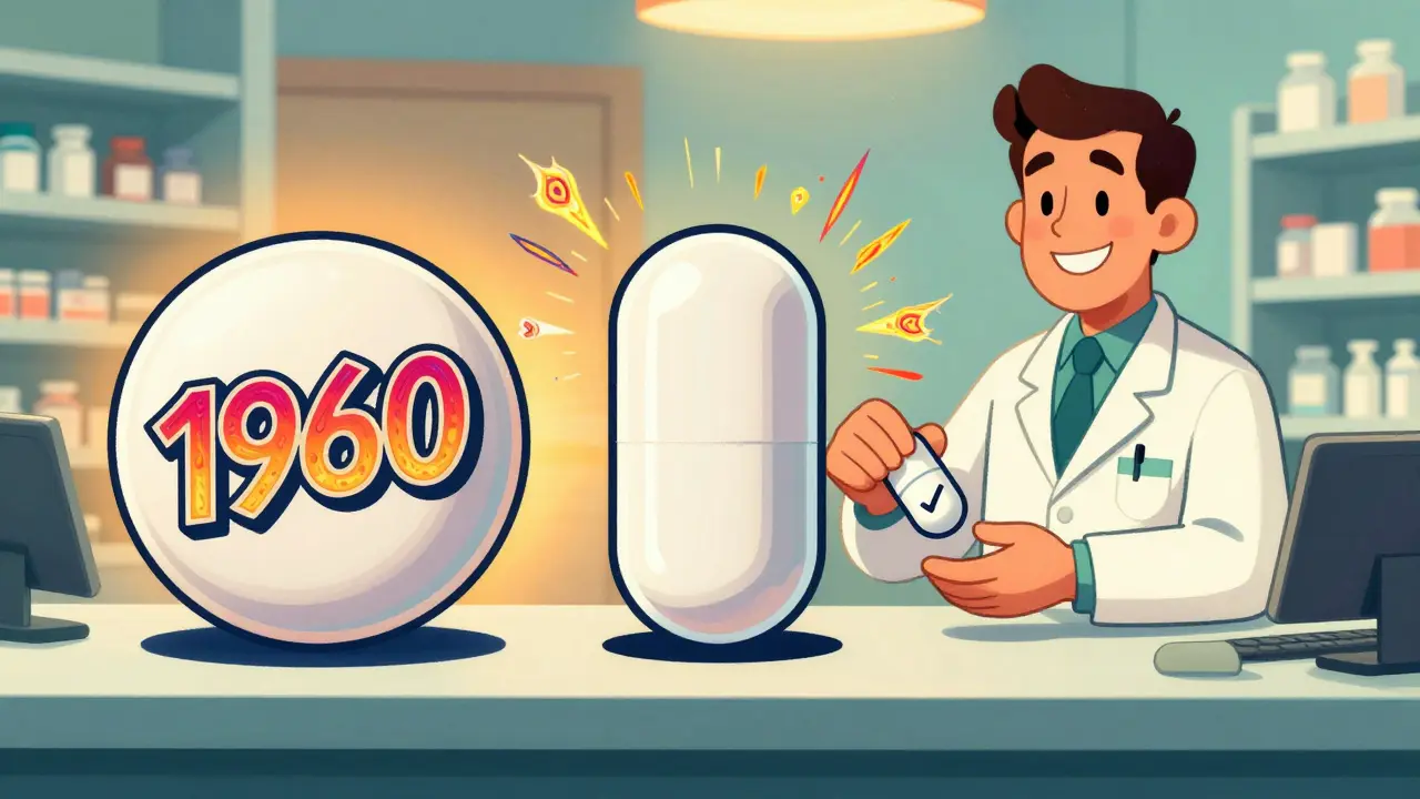 Two identical pills side by side at pharmacy counter, one branded, one generic, with swirling colorful patterns.