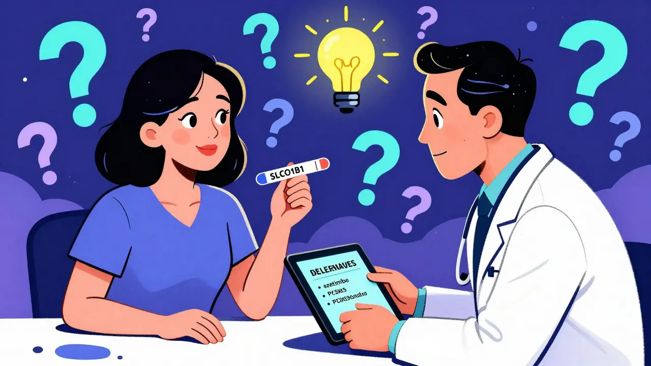 Woman presenting a genetic test to her doctor, with alternative medication icons floating around them in vibrant, flowing design.