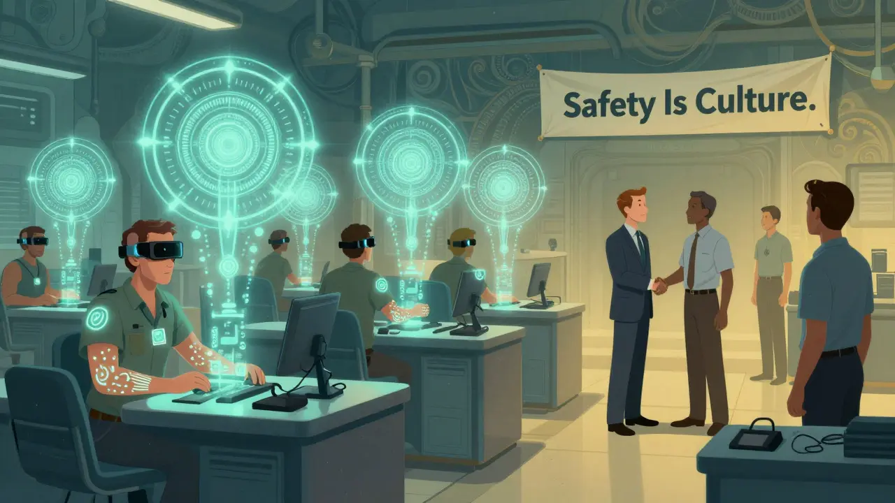 Workers with glowing sensors projecting dust levels as mandalas on a modern job site.