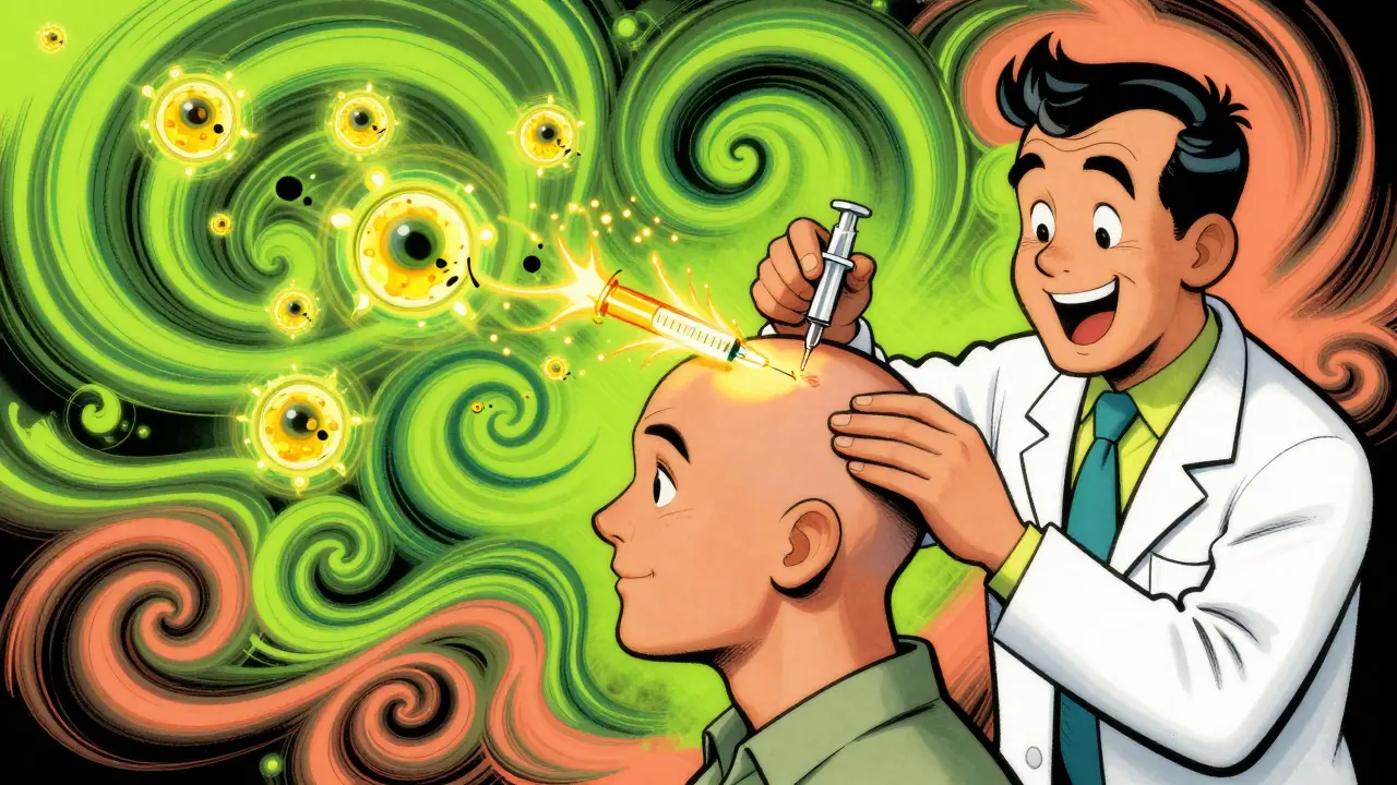 A dermatologist gives a corticosteroid injection to a patient, with immune cells retreating and hair spirals glowing in the background.