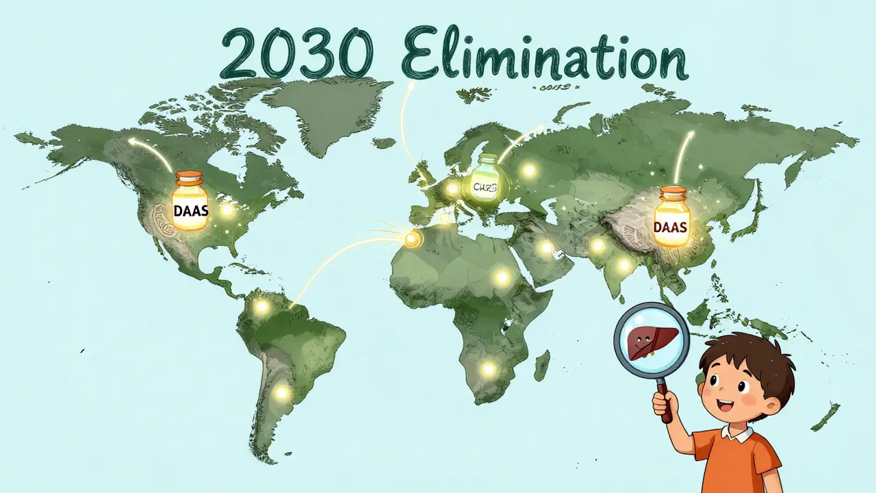 A global map with glowing cure dots and paisley arrows spreading treatment access.