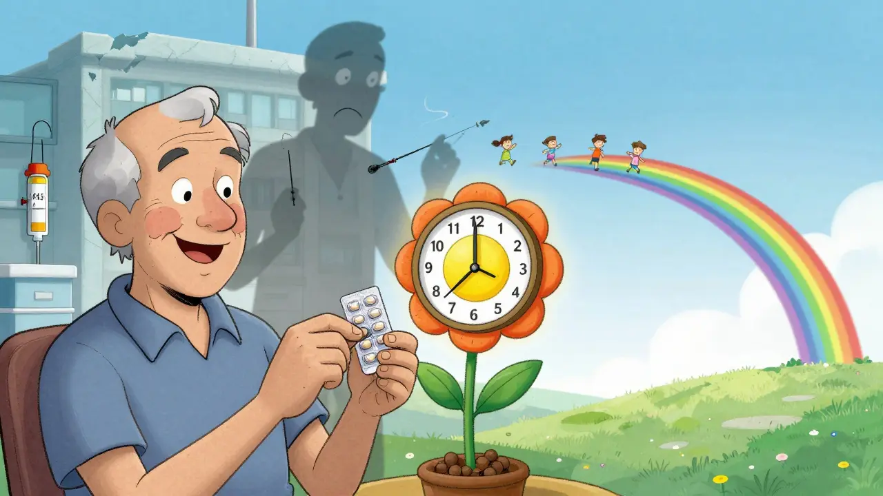 A patient taking one pill as old treatment fades, with cured people dancing into a bright horizon.