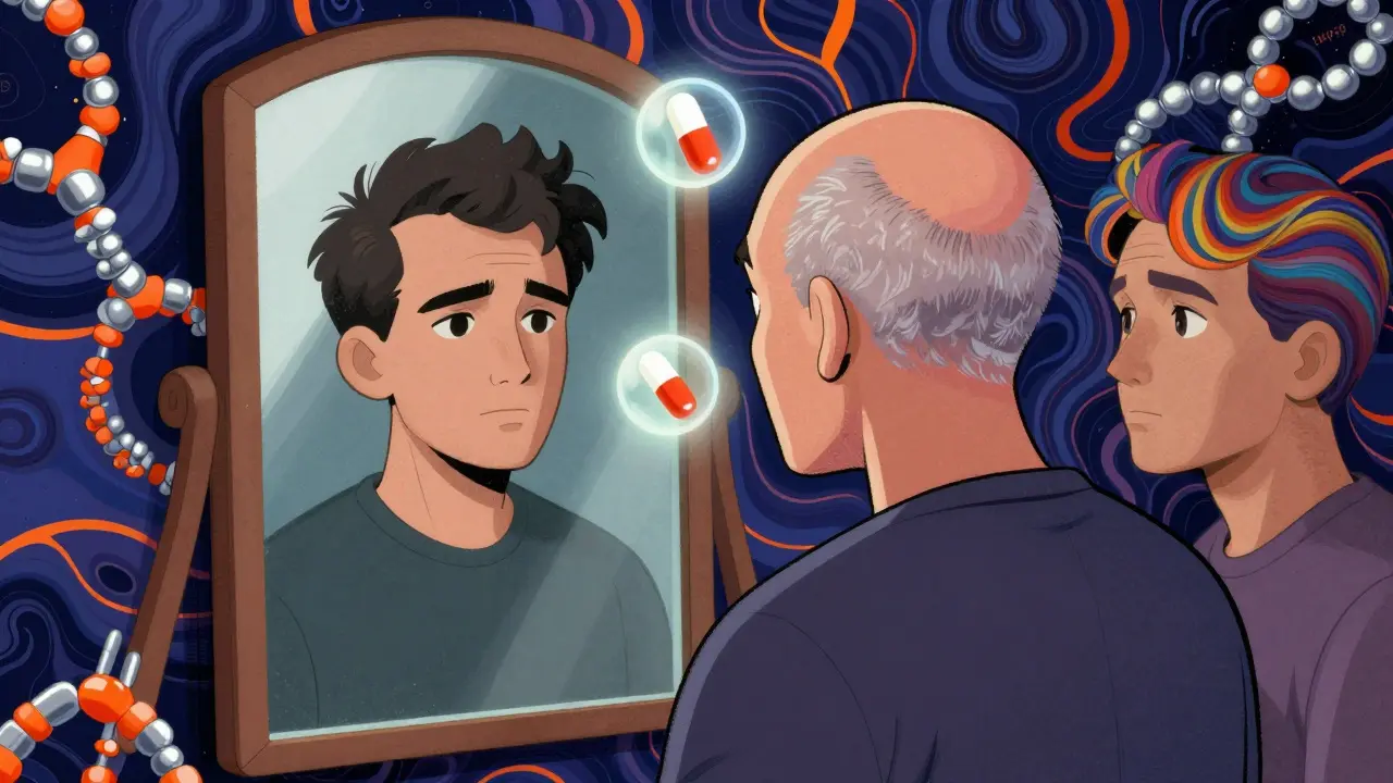 A person sees their bald head regrowing white fuzz in a mirror, with floating JAK inhibitor pills and genetic strands around them.