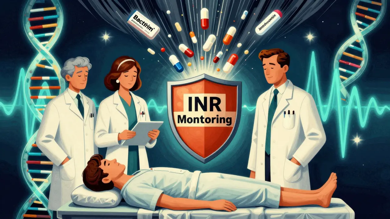 A pharmacist and doctor shielding a patient from dangerous antibiotics, with safe options glowing calmly nearby.