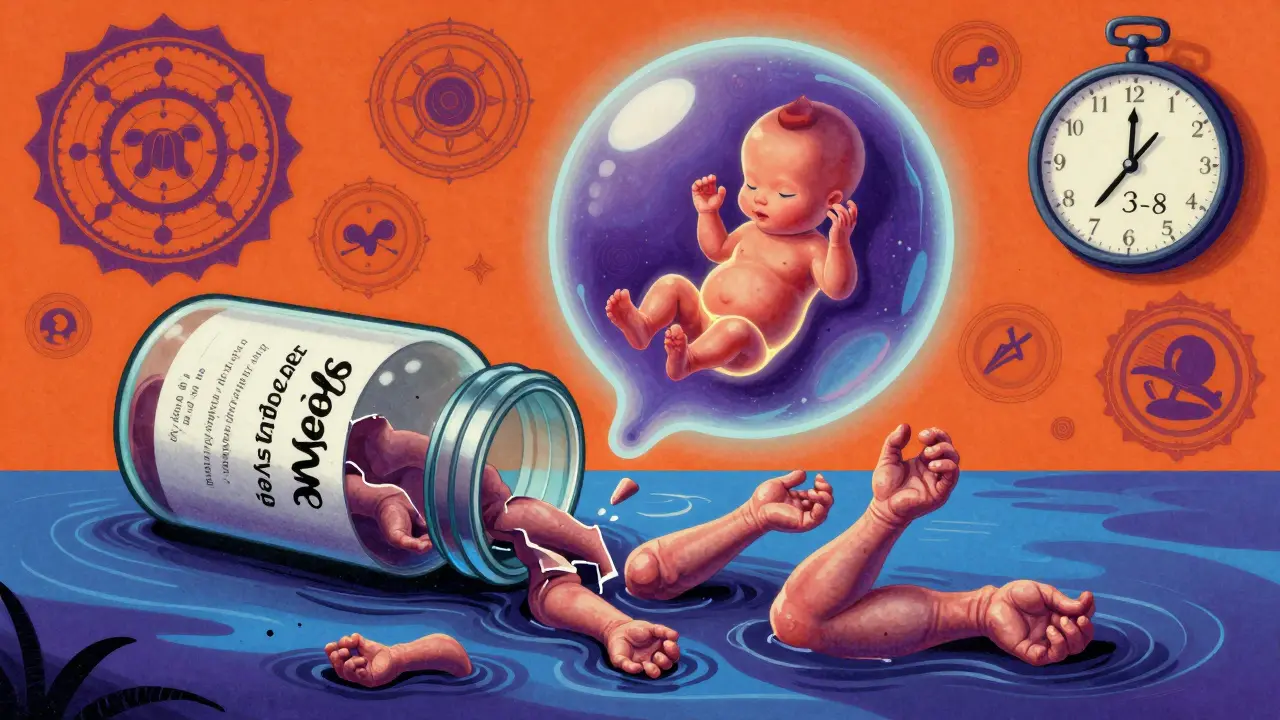 A shattered thalidomide bottle with distorted limbs, while a healthy fetus emerges in a protective bubble.