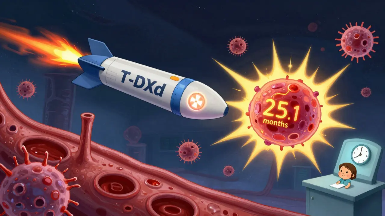 A smart missile called T-DXd strikes a tumor, releasing bystander effect energy that neutralizes surrounding cancer cells.